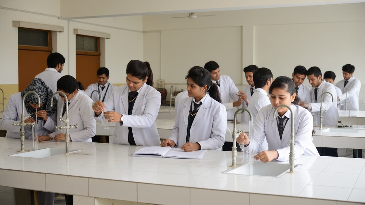 Pharmacy students in a practical laboratory